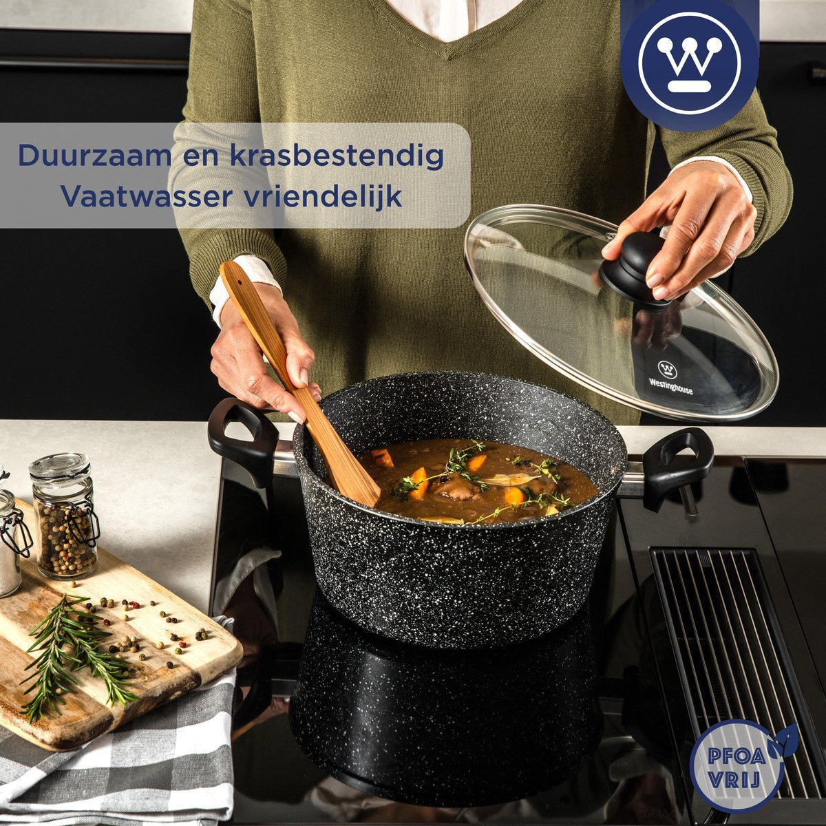 Westinghouse Pannenset - Black Marble - Wokpan 30cm + Hapjespan 28cm + Braadpan 28cm