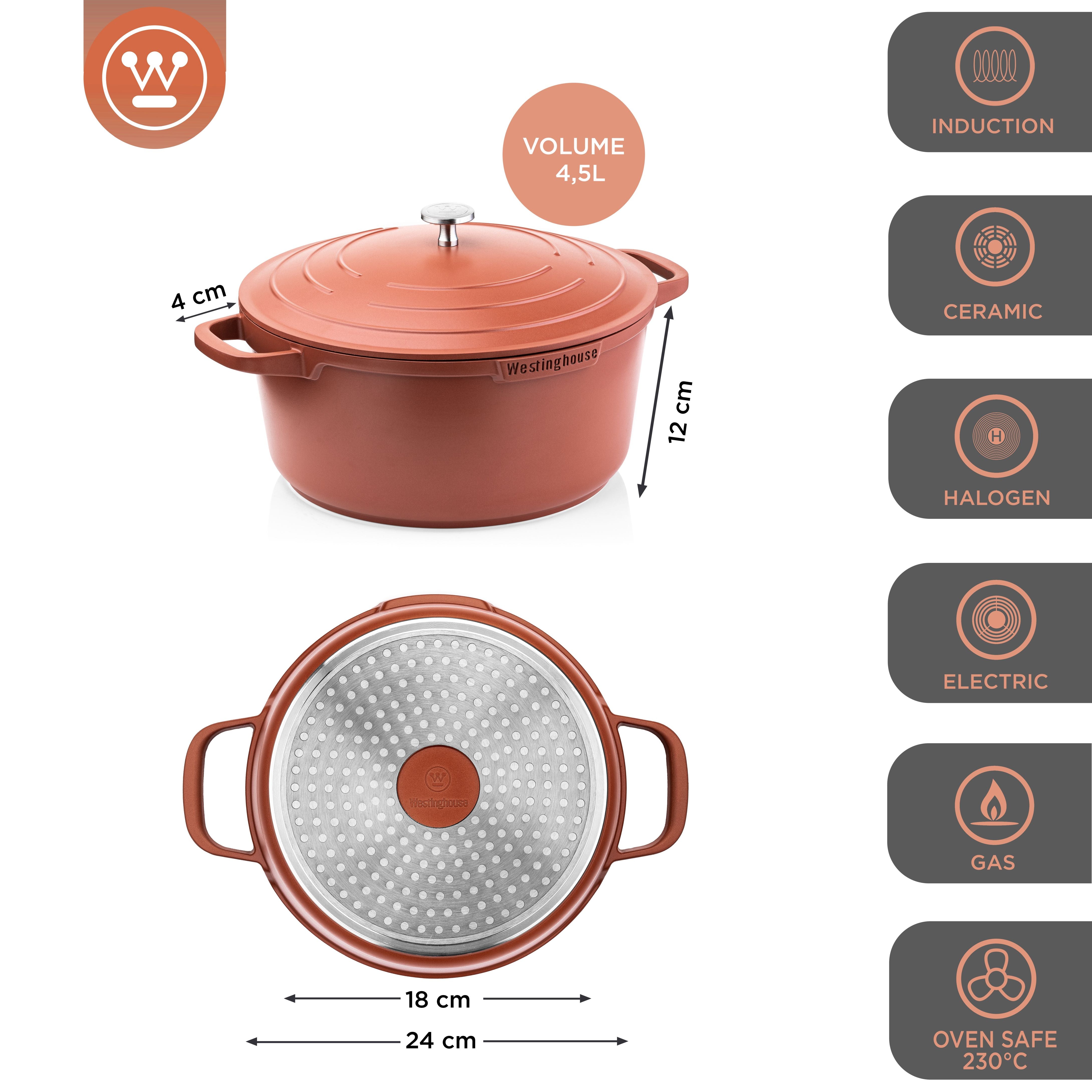 Westinghouse Performance Series Cacerola Induccion - 24 cm Cazuela Antiadherente - Rojo