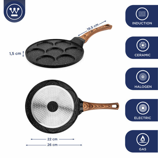 Westinghouse Crepepfanne 26 cm - Spiegeleipfanne - Schwarz Marmor Holz