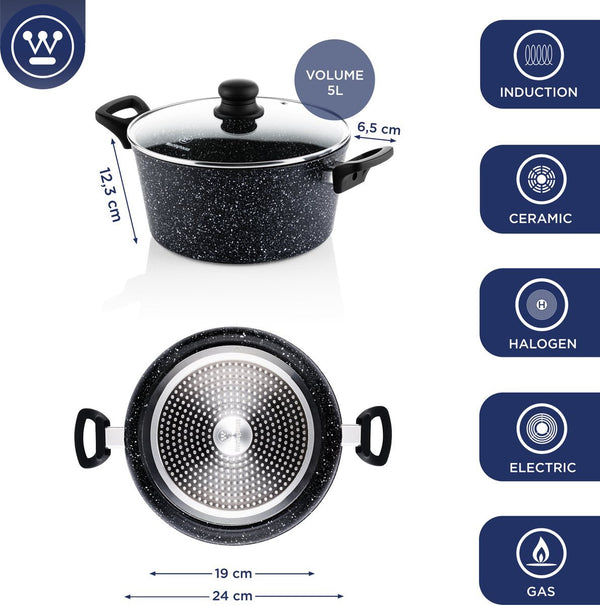 Westinghouse Pannenset Inductie - Braadpan 24cm & 28cm + Hapjespan 32cm - Black Marble