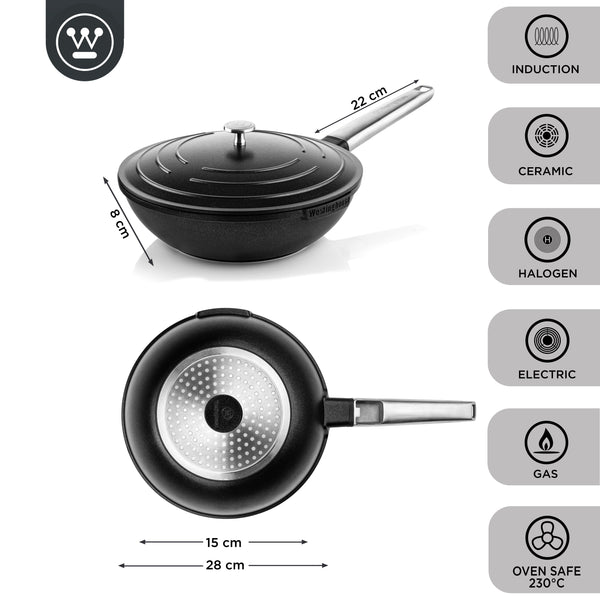 Westinghouse  Padella Wok - Wok da 28 cm con coperchio - Nero