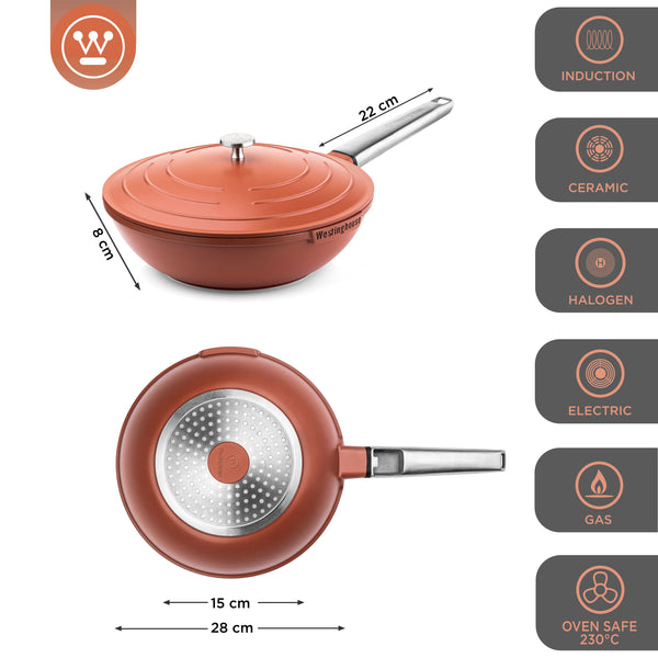 Westinghouse  Padella Wok - Wok da 28 cm con coperchio - Rosso